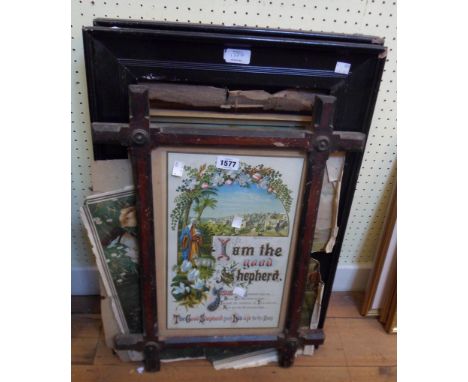A Victorian cross framed religious text print - sold with framed and unframed pictures - various condition
