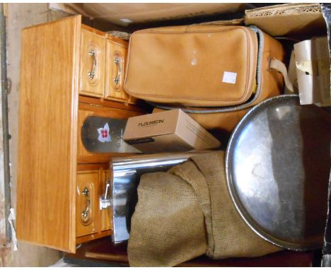 A box containing a Keswick School of Industrial Art Firth Staybrite stainless steel hand beaten tray, large flask, fishing ba