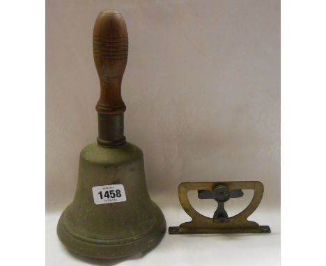 A vintage school bell with turned wooden handle - sold with a Short &amp; Mason Ltd. part inclinometer with W.D. arrow mark