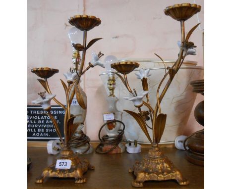 A pair of modern gilt metal candelabra in the Aesthetic Movement style with ceramic bosses and applied leaves