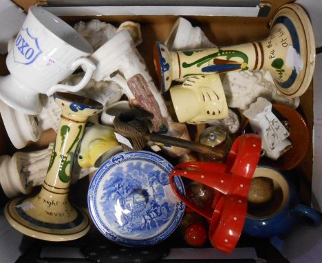 A box containing a selection of ceramic and other items including Oxo mug, Torquay candlesticks, George Jones blue and white 