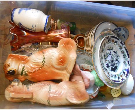 A crate containing assorted ceramic and glass items including Carnival glass, Staffordshire dogs, etc.