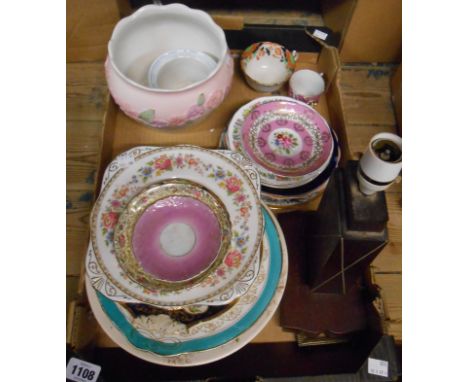 A box containing a quantity of ceramic items including plates, jardiniere, etc. - sold with an inlaid wooden table lamp and a