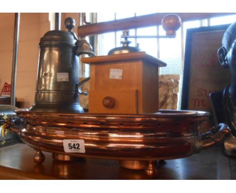 A vintage copper food warmer - sold with a pewter tankard and an old wooden coffee grinder