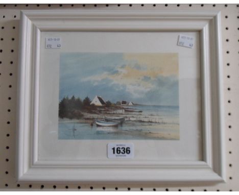 A framed small print, depicting shoreside buildings and rowing boats