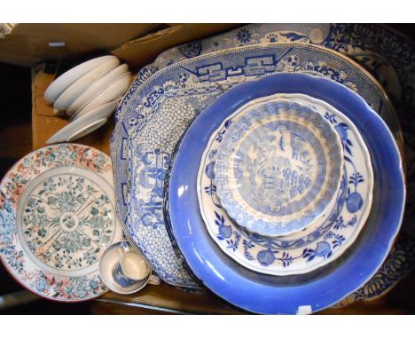 Two boxes of assorted ceramic items including blue and white meat plates, etc.