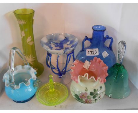 A small selection of assorted coloured glassware including enamelled vase, opaque glass painted vase, uranium glass ring tree