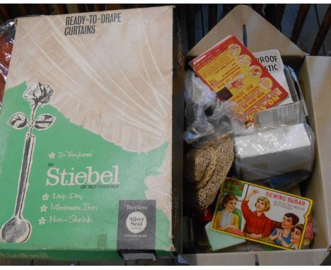 A box containing a quantity of assorted sewing related items including ribbons, pin cushions, etc. - sold with a set of vinta