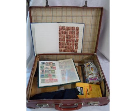 A case containing two small stock books, one with Penny Reds and Penny Lilacs, the other with Victorian ARMY overstamps and o