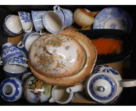 A box containing assorted ceramic items including a Leaper Newlyn dish, blue and white cups and saucers, etc.