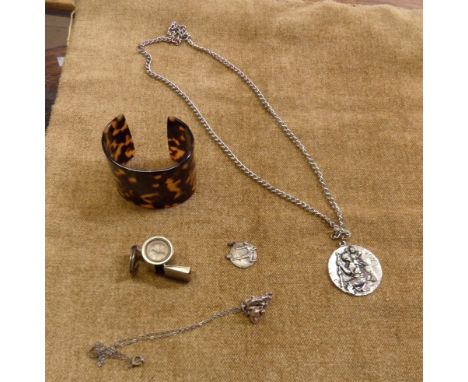 A vintage whistle with inset compass - sold with a 1913 football medallion, a silver nugget pendant, etc.