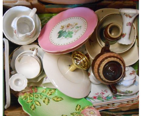 A box containing a quantity of assorted ceramic items including Shorter dish, porcelain dressing table set, etc.