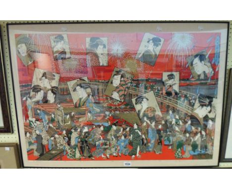 A large framed Japanese woodblock print, depicting a Kabuki opera scene with numerous processional figures on a bridge and qu