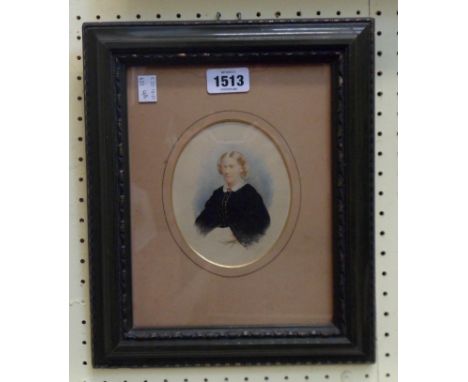 A painted framed late 19th Century watercolour portrait of a lady wearing widows weeds - fading