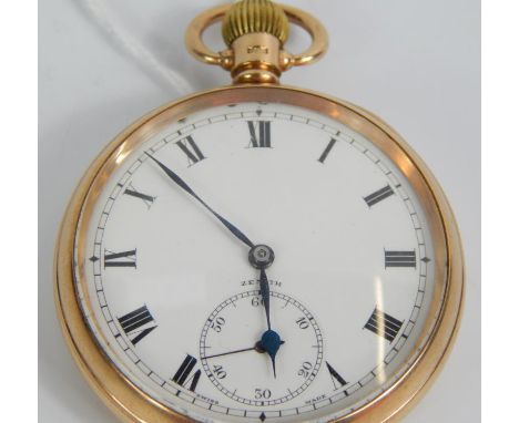 A Zenith gentleman's 9ct gold cased pocket watch, open faced, keyless wind, white enamel dial bearing Roman numerals, subsidi