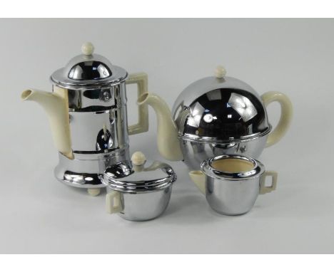 A Heatmaster chrome and pottery Art Deco style teaset, with chrome plated mounts, comprising bullet shaped teapot, a hot wate