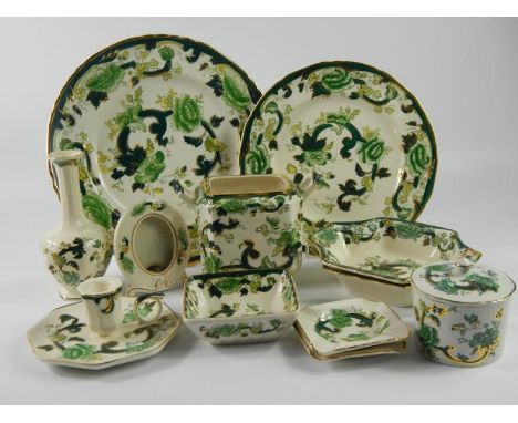 Mason's ironstone Chartreuse pattern items, including a bud vase, photo frame, ashtrays, candlestick holder, etc. (1 tray)