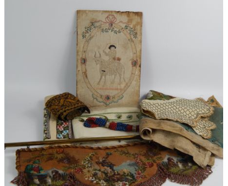 Textiles, including Victorian silkwork sample strips, wool and beadwork banner, beadwork bags, and a purse, together with Vic