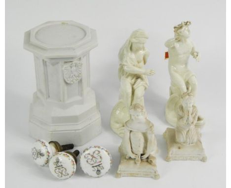 A pair of late 18thC Tournai white glazed porcelain figures, of seated muses, raised on rococo scroll bases, Russian parian o