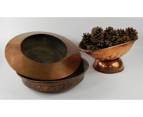 Three items of Victorian copperware, comprising; a hammered bowl, converted scale bowl and another (3).