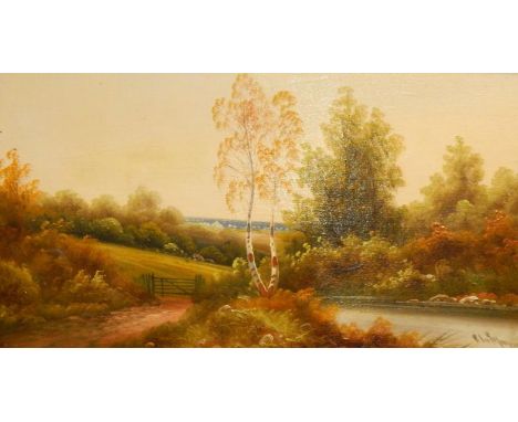 Two 19thC School landscapes, Path and gate before spire and path before trees on a summer's day, oil on canvas, each indistin