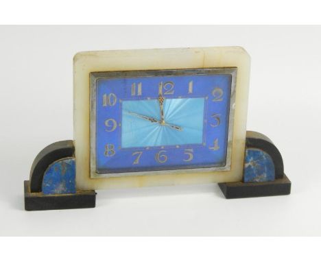 An Art Deco marble and slate and guilloche blue enamel mantel clock, rectangular dial bearing Arabic numerals, (AF).