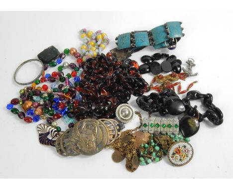 Silver and costume jewellery, including a silver and blue enamel belt, flapper beads, enamel double clip buckle, paste set br