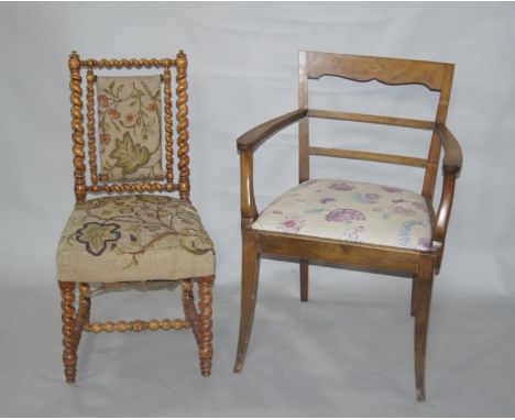 Two 19thC and later chairs, to include a 19thC oak hall chair, with barleytwist columns, on tapestry seat, and a later oak di