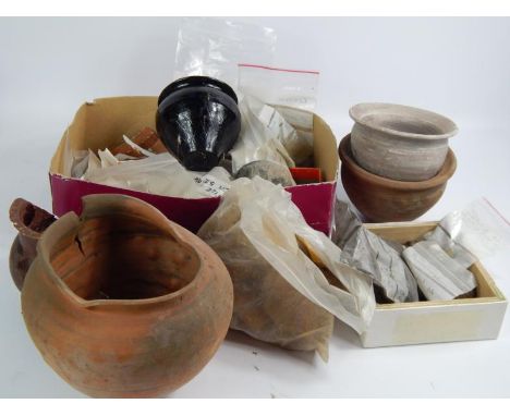 A quantity of archaeological finds, to include shells, pots, brass handles, rocks, etc. (2 boxes)