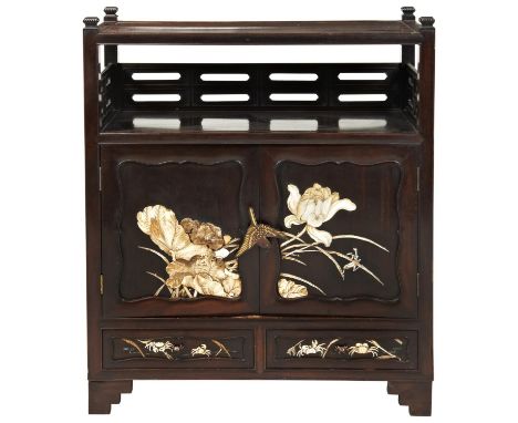 A SMALL JAPANESE HARDWOOD, IVORY, BONE AND MOTHER OF PEARL INLAID CABINET MEIJI PERIOD (1868-1912) with shibayama inlay of lo