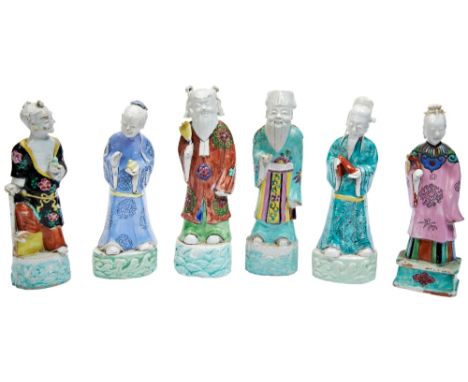 SIX FAMILLE ROSE FIGURES OF IMMORTALS QING DYNASTY, 18TH CENTURY,including Li Tieguai, Dongfang Shuo, Cao Guojiu, He Xiangu. 