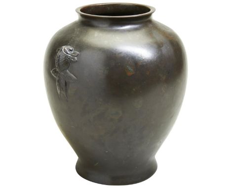 A CHINESE BRONZE BALUSTER VASE QING DYNASTY, 19TH CENTURY with twin fantail-fish handles and an apocryphal seal mark 23cm hig