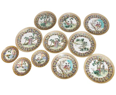 SET OF ELEVEN FAMILLE ROSE YELLOW-GROUND DISHES REPUBLIC PERIOD (1912-1949) painted with figures in landscape views 16cm &amp