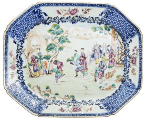 A CHINESE EXPORT FAMILLE ROSE MEAT DISH QIANLONG PERIOD (1736-1795) finely painted in polychrome colours with figures in a fe
