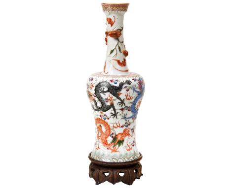 FINE FAMILLE ROSE DRAGON VASE KANGXI FOUR CHARACTER MARK BUT REPUBLIC PERIOD the slender neck applied with an iron-red chilon