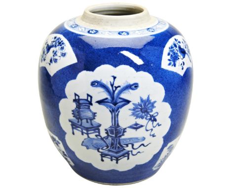 A BLUE AND WHITE GINGER JAR KANGXI PERIOD (1662-1722) the ovoid sides painted with panels of auspicious items, birds and flow