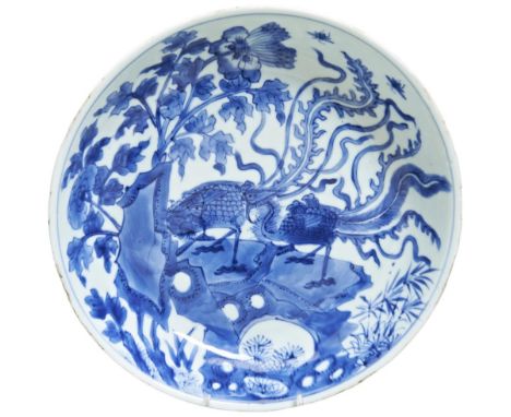 GOOD CHINESE PORCELAIN BLUE &amp; WHITE SAUCER DISH EARLY KANGXI PERIOD, CIRCA 1670 painted with two phoenix birds standing o