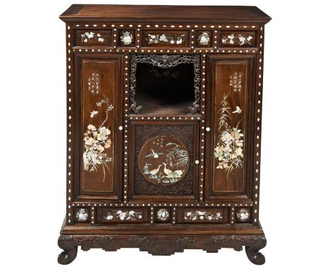 FINE HARDWOOD AND MOTHER OF PEARL INLAID SIDE CABINET QING DYNASTY, 19TH CENTURY the rectangular floating panel top above a f