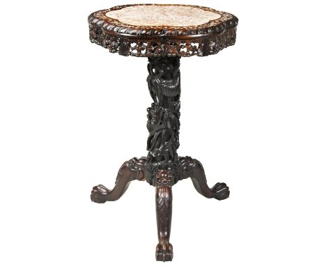 A CHINESE CARVED HARDWOOD AND MOTHER OF PEARL INLAID TRIPOD TABLE QING DYNASTY, 19TH CENTURY the floriform top with an inset 