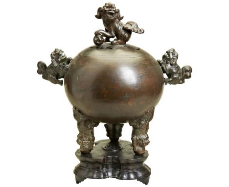 IMPRESSIVE INLAID BRONZE COVERED CENSER AND STAND,  LATE QING DYNASTY the globular sides inlaid with warriors on horse back f