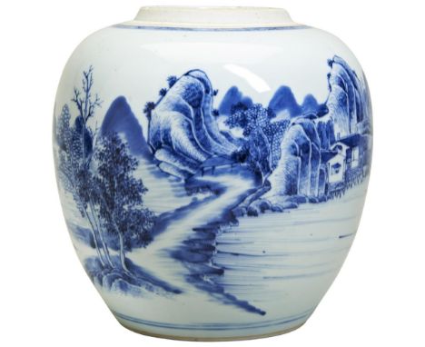 FINE CHINESE PORCELAIN BLUE &amp; WHITE GINGER JAR KANGXI/YONGZHENG PERIOD, CIRCA 1730 painted with a continuous mountain, ri