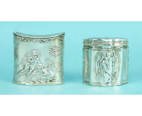 A small Continental silver box of hat box form, embossed with cherubs, 3.5cm high and another, also of caddy shape embossed w