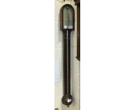 A late-Georgian mahogany stick barometer, the plain arch case with ball cistern cover and hinged glazed door enclosing silver