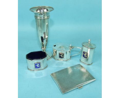 A small engine-turned cigarette case, Birmingham 1937, a three-piece octagonal-shaped cruet set with blue enamel shield and a