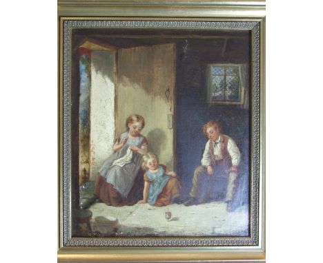 19th century English School THE SPINNING TOP, CHILDREN PLAYING IN AN INTERIOR Indistinctly-signed oil on canvas, 34 x 28.5cm,
