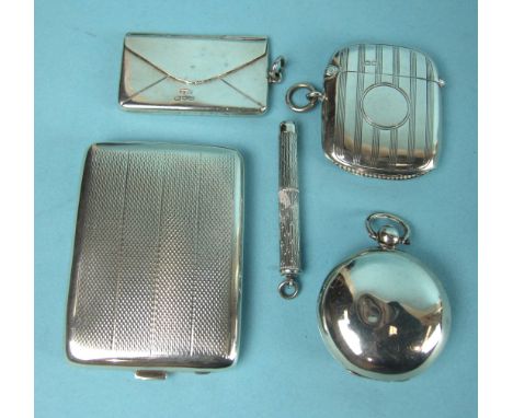 A stamp holder of envelope form, Chester 1923, an engine-turned match book holder, London 1936, a plain sovereign holder, Che