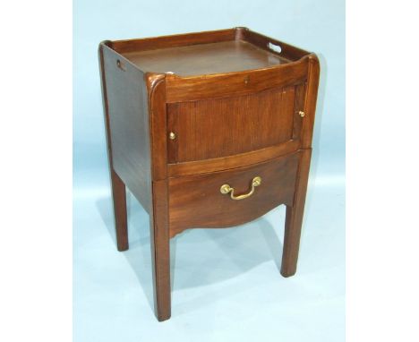 A Georgian mahogany tray-top commode of slightly-bowed shape, with tambour cupboard, on square chamfered legs, 50cm wide.