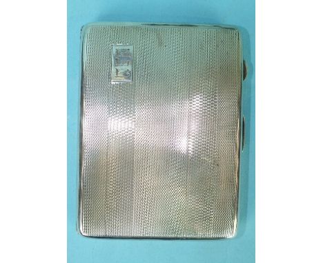 An engine-turned silver cigarette case, Birmingham 1946, 11 x 8.5cm, engraved initials outside, inscription inside, ___5½oz.