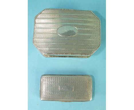 A small Continental white metal snuff box with engine-turned lid and beaded edge, 5.8 x 4 x 1.5cm and an engine-turned toothp