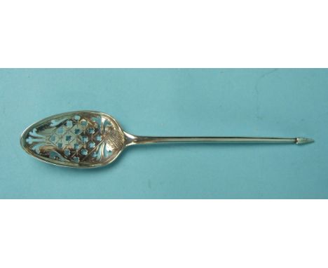 An 18th century mote spoon with spike finial and pierced elongated bowl, indistinctly-marked, 13cm.